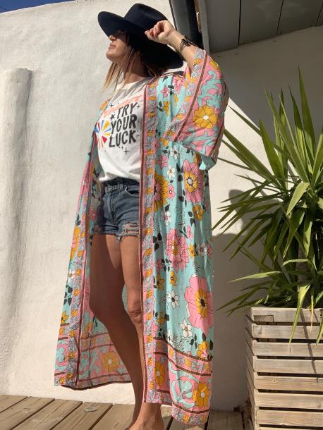 Kimono Long Big Flowers Bleue 