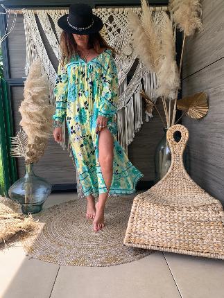 Robe Pompons Big Flowers Green