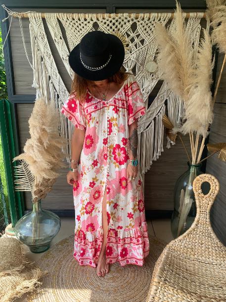 Robe Oversize Long Boutons Big Flower Pink