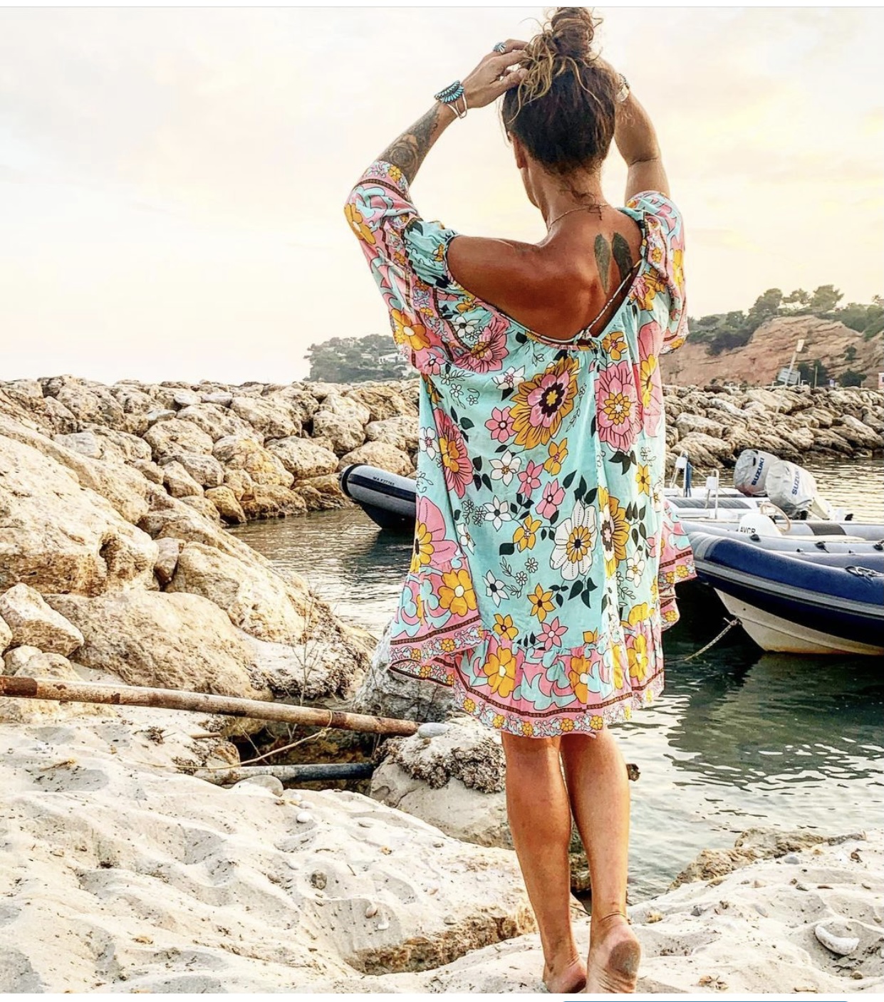 Robe Mini Dress Big Flowers Turquoise 