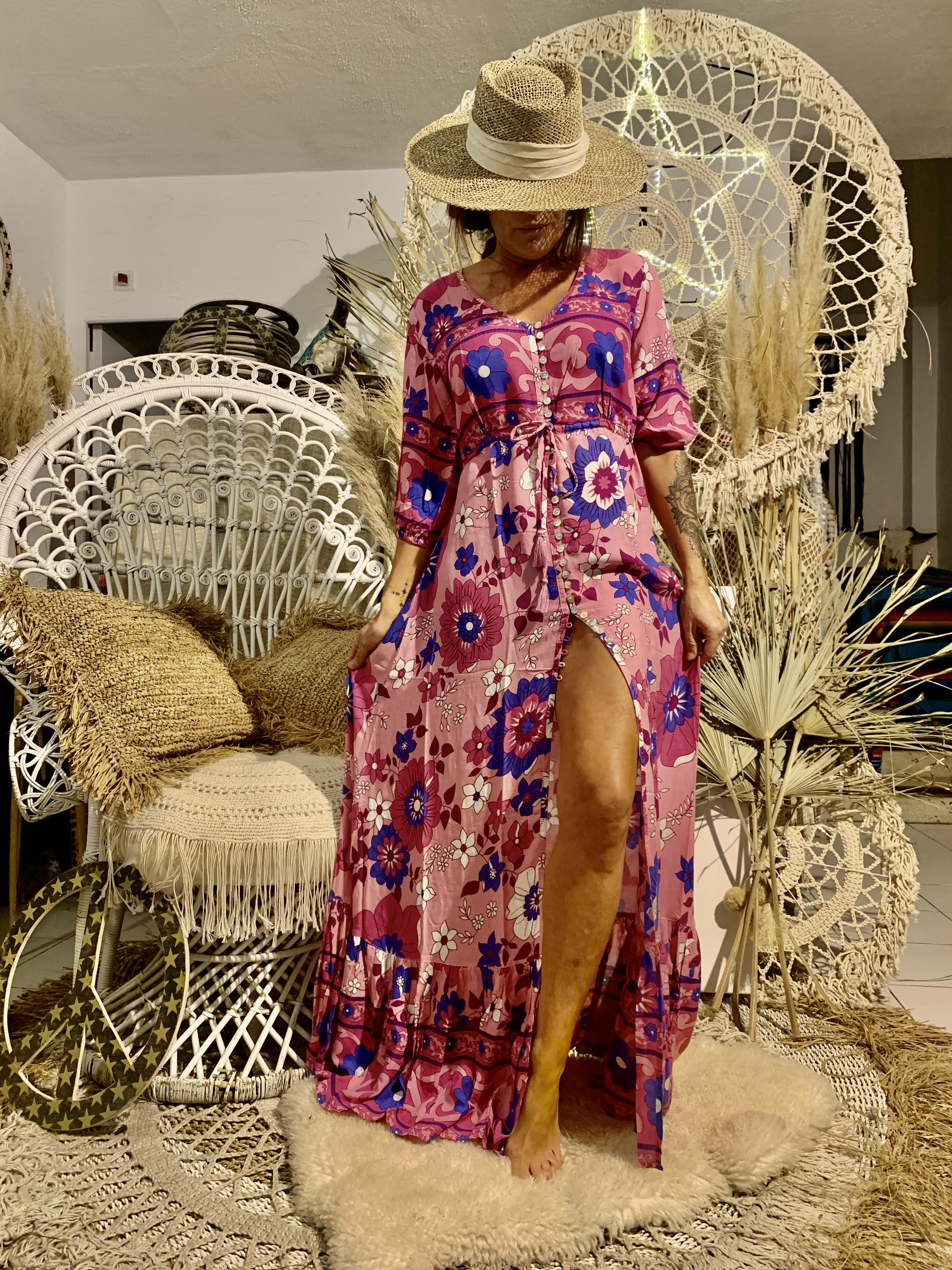 Robe Longue Boutons Big Flowers Fushia