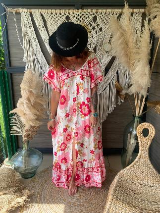 Robe Oversize Long Boutons Big Flower Pink
